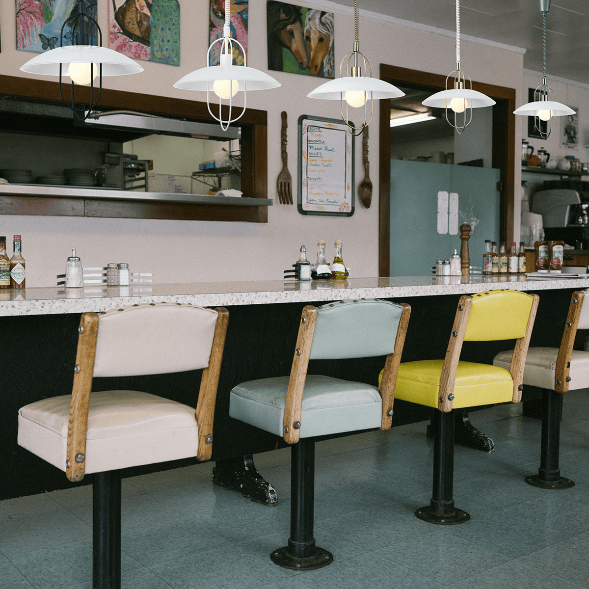 Riva Opal Glass Rise and Fall Pendant Light in Polished Brass