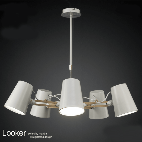 Looker 5 Light Adjustable Pendant in White and Beech Wood