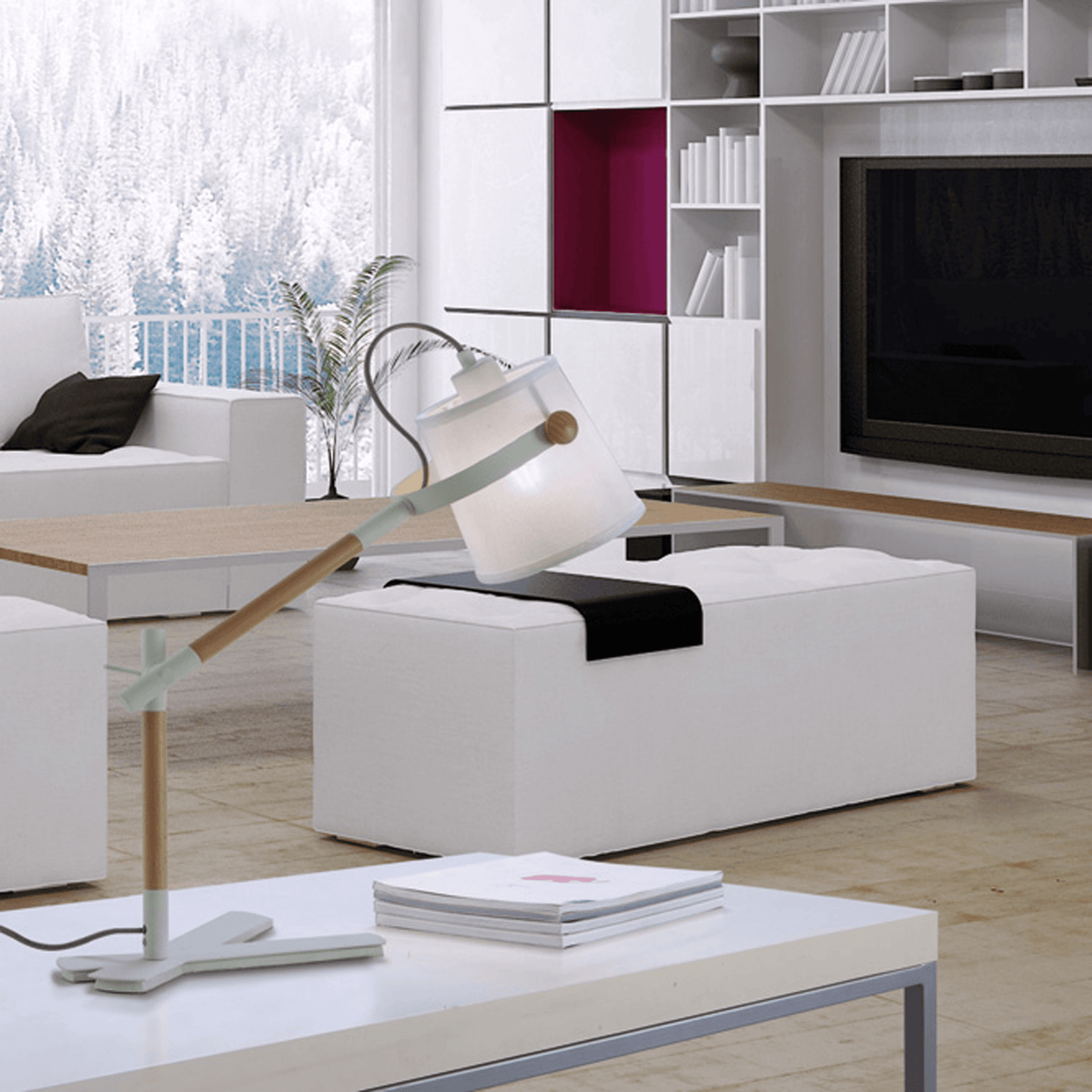 Nordica Adjustable Desk Lamp in Ivory White and Beech Wood