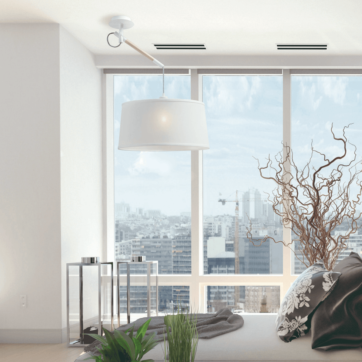 Nordica Multi Position Single Pendant in Ivory White and Beech Wood