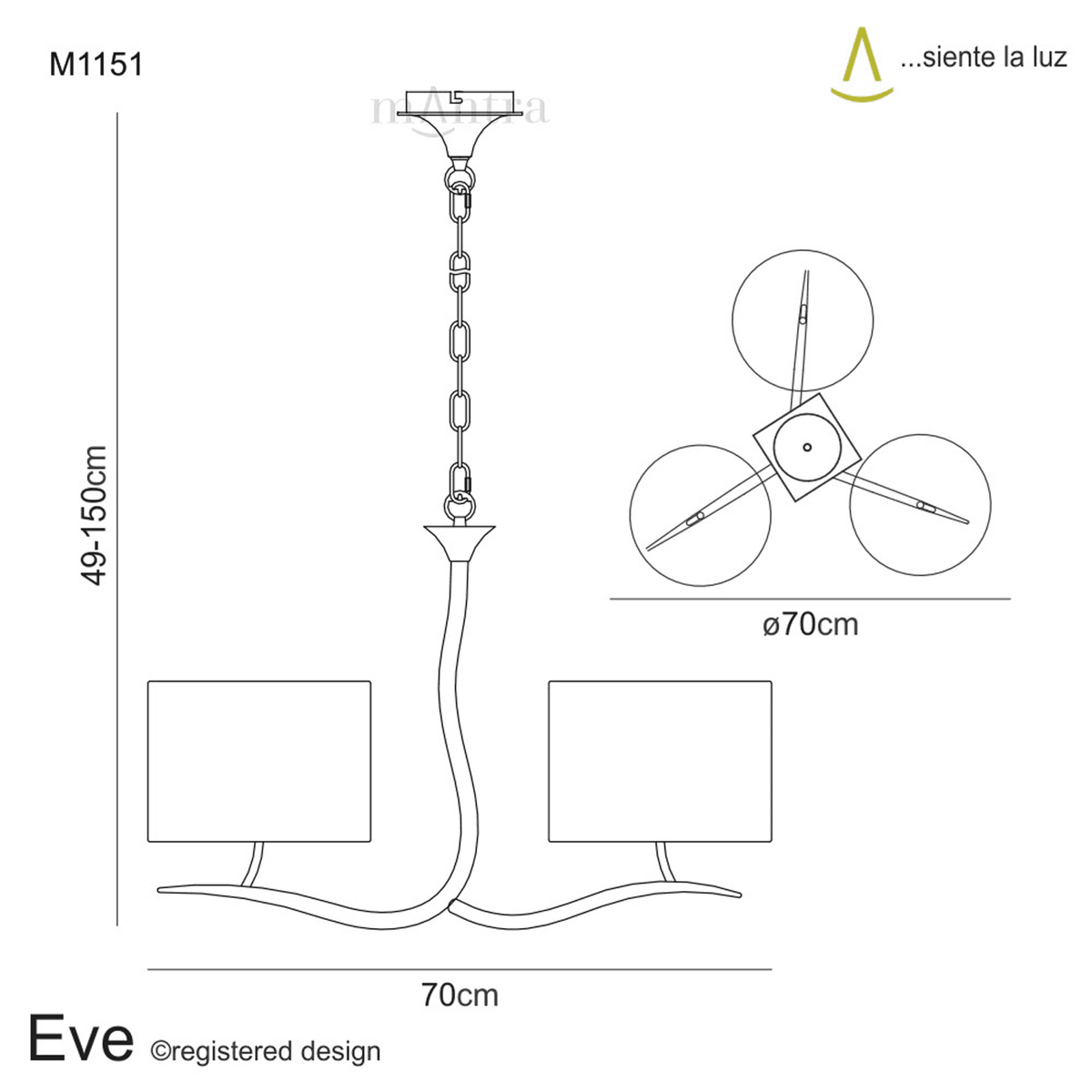 A technical drawing of the Eve chandelier, showing dimensions and design details.