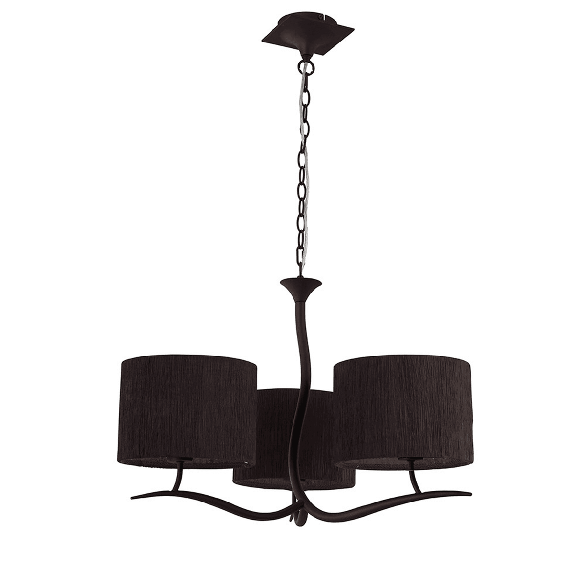 A black chandelier with three drum shades and a curved metal frame, on a white background.