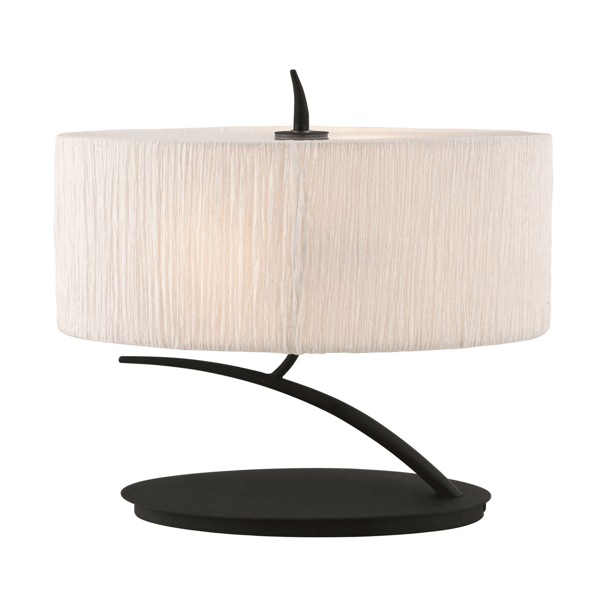 Oval table lamp with a white fabric shade and a curved black metal base.