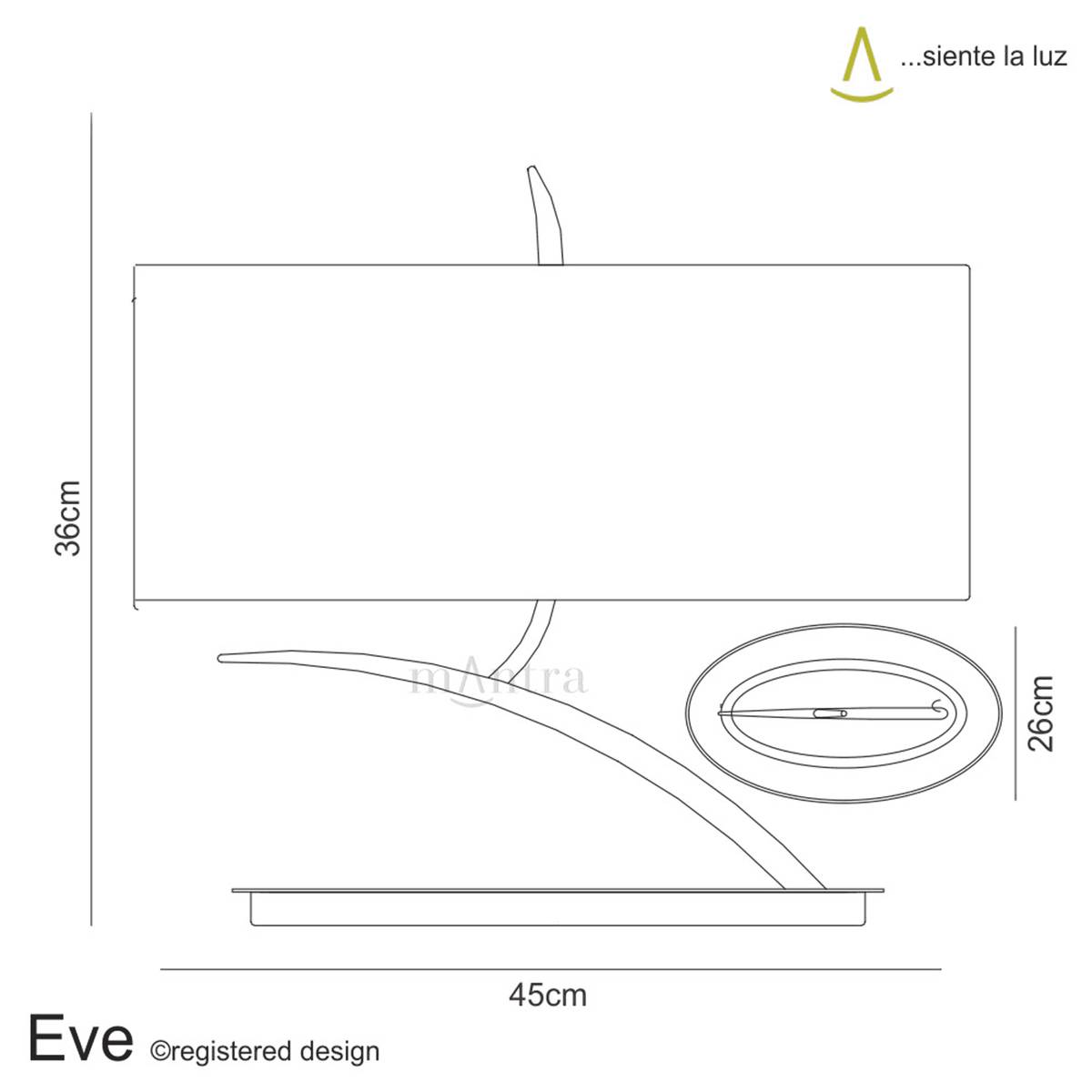 Diagram showing the dimensions of the Eve table lamp, 36cm high and 45cm wide.