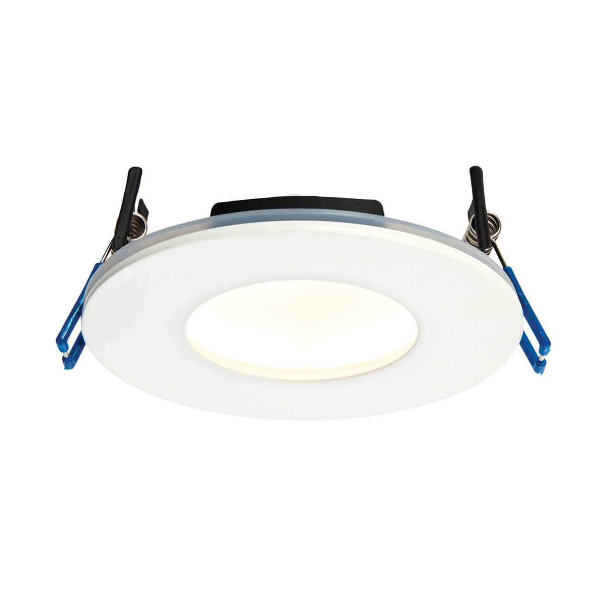 A round, white LED downlight with a warm glow, against a plain white background.