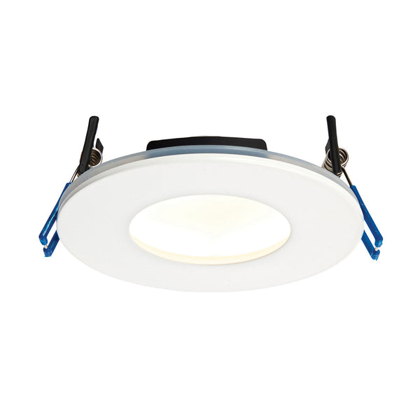 A round, white LED downlight with a warm glow, against a plain white background.