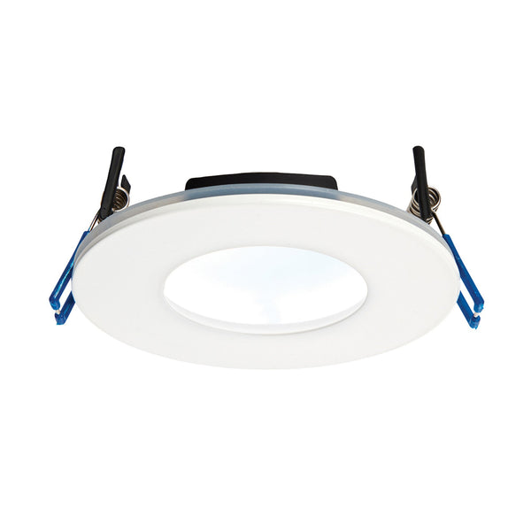 A round white LED downlight with blue mounting clips on a white background.