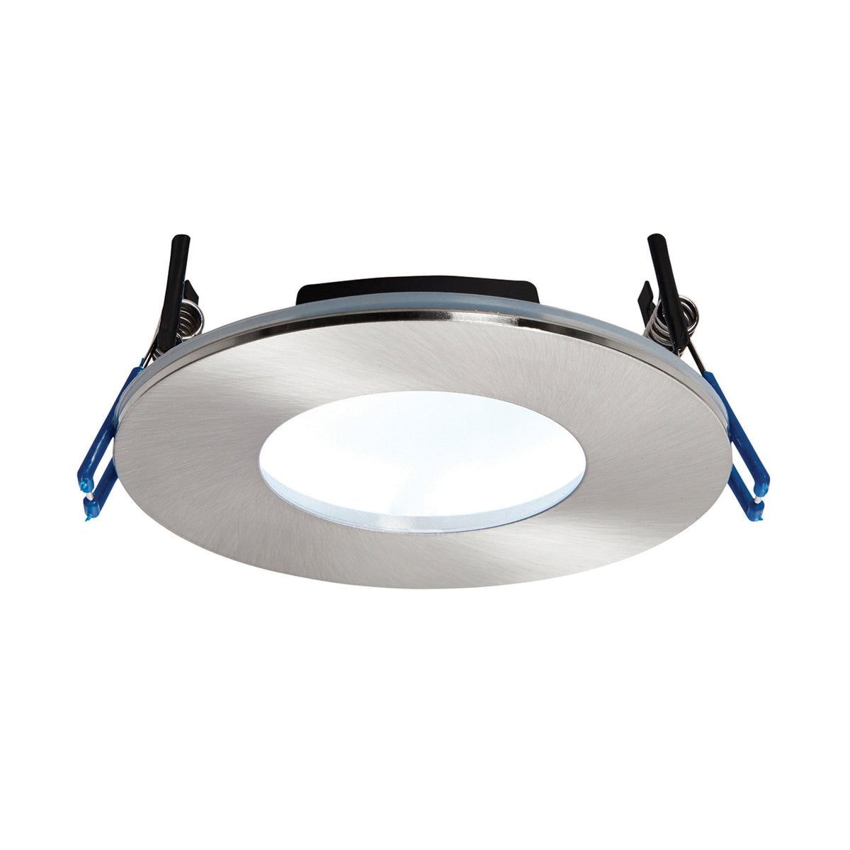 A circular, brushed chrome downlight with a frosted centre.