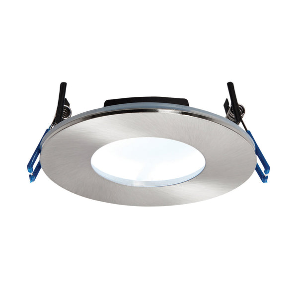 A circular, brushed chrome downlight with a frosted centre.