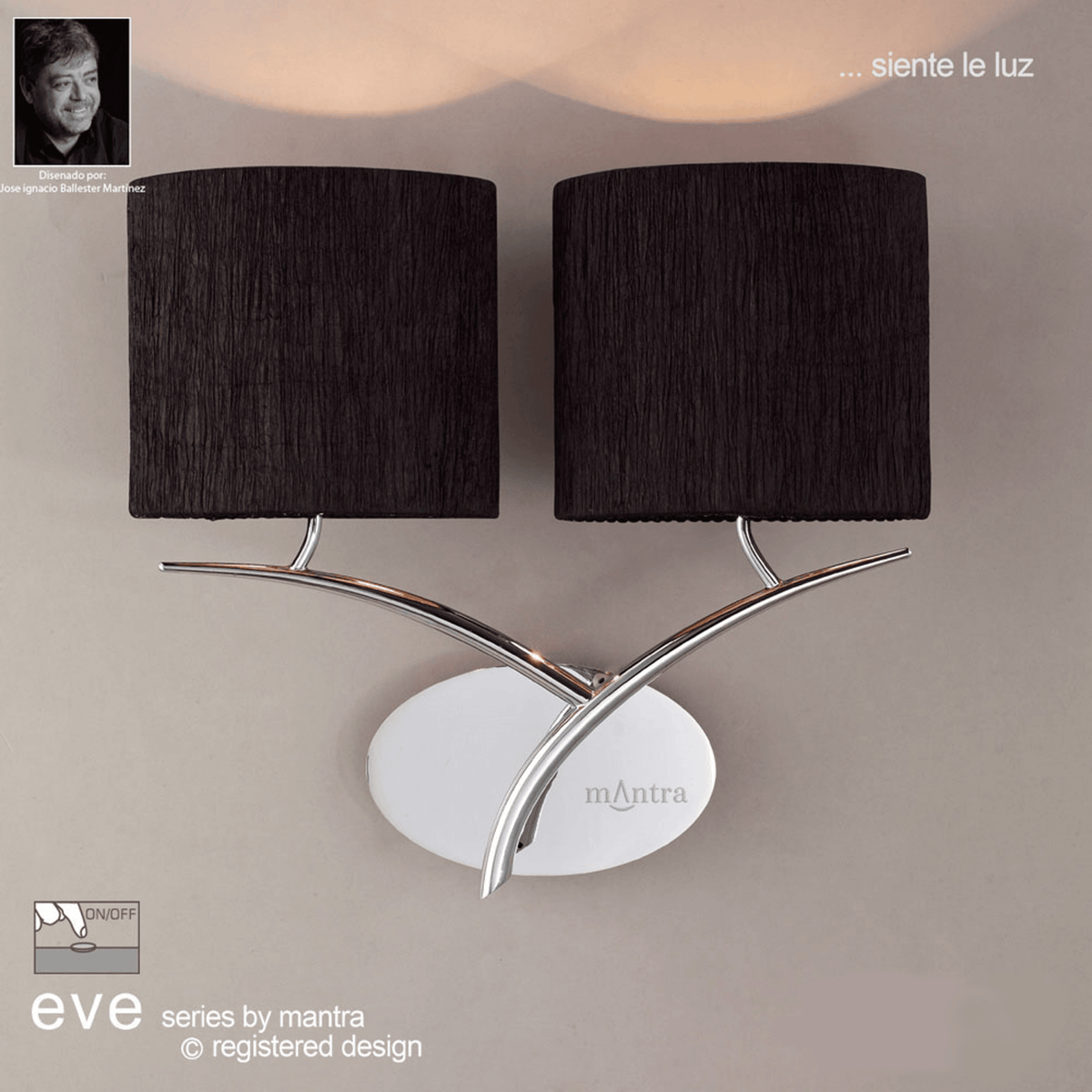 Eve Double Switched Wall Light in Chrome with Black Oval Shades