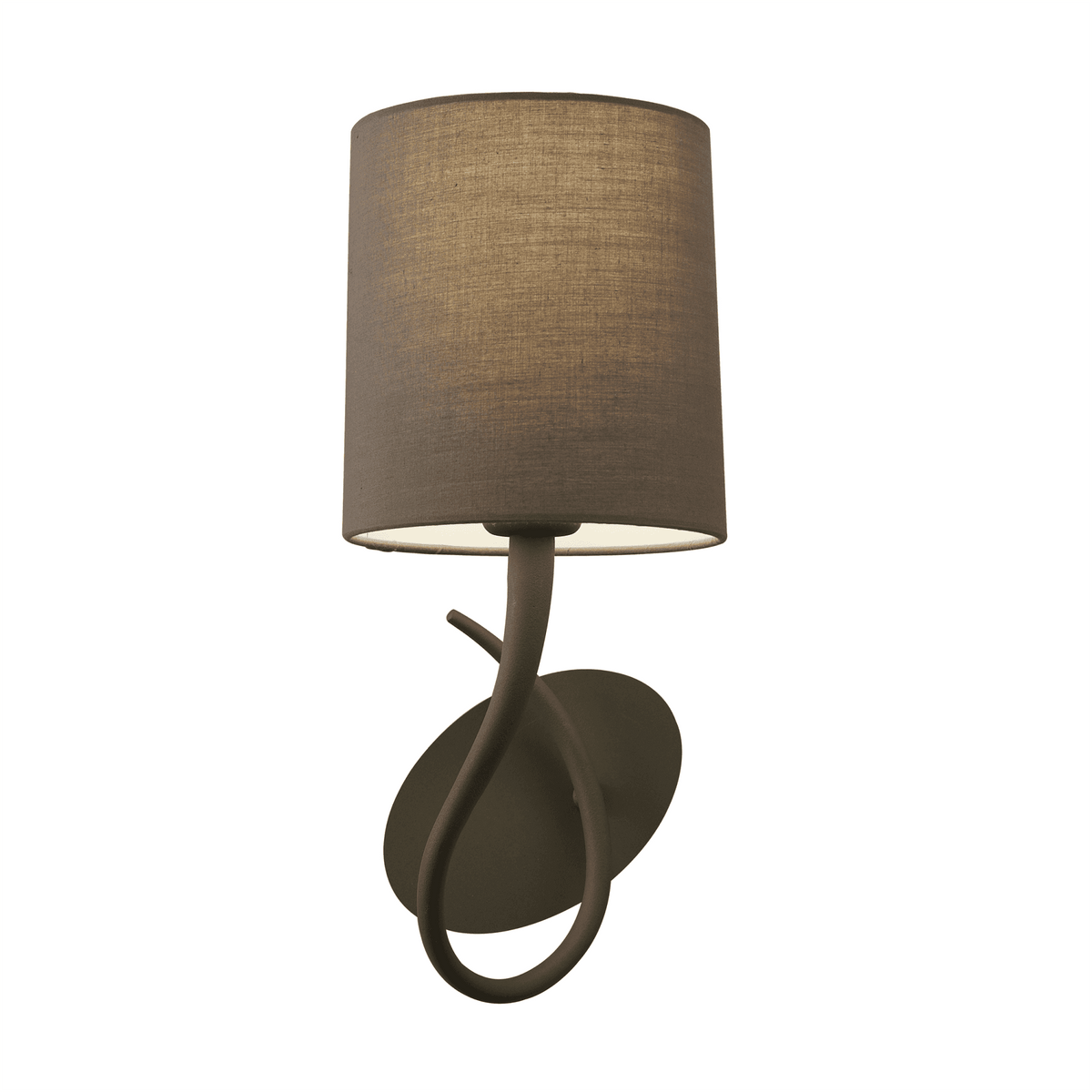 Brown wall light with a cylindrical fabric shade, on a white background.