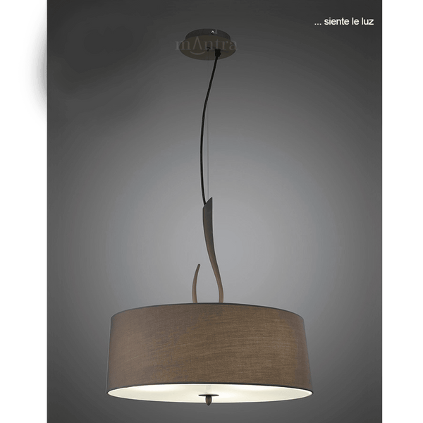 A modern pendant light with a grey fabric shade and dark metal accents.