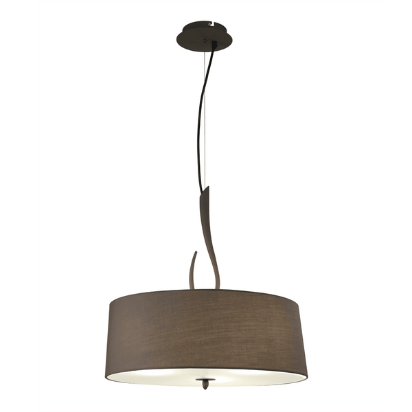 A stylish pendant light with a grey fabric drum shade on a white background.