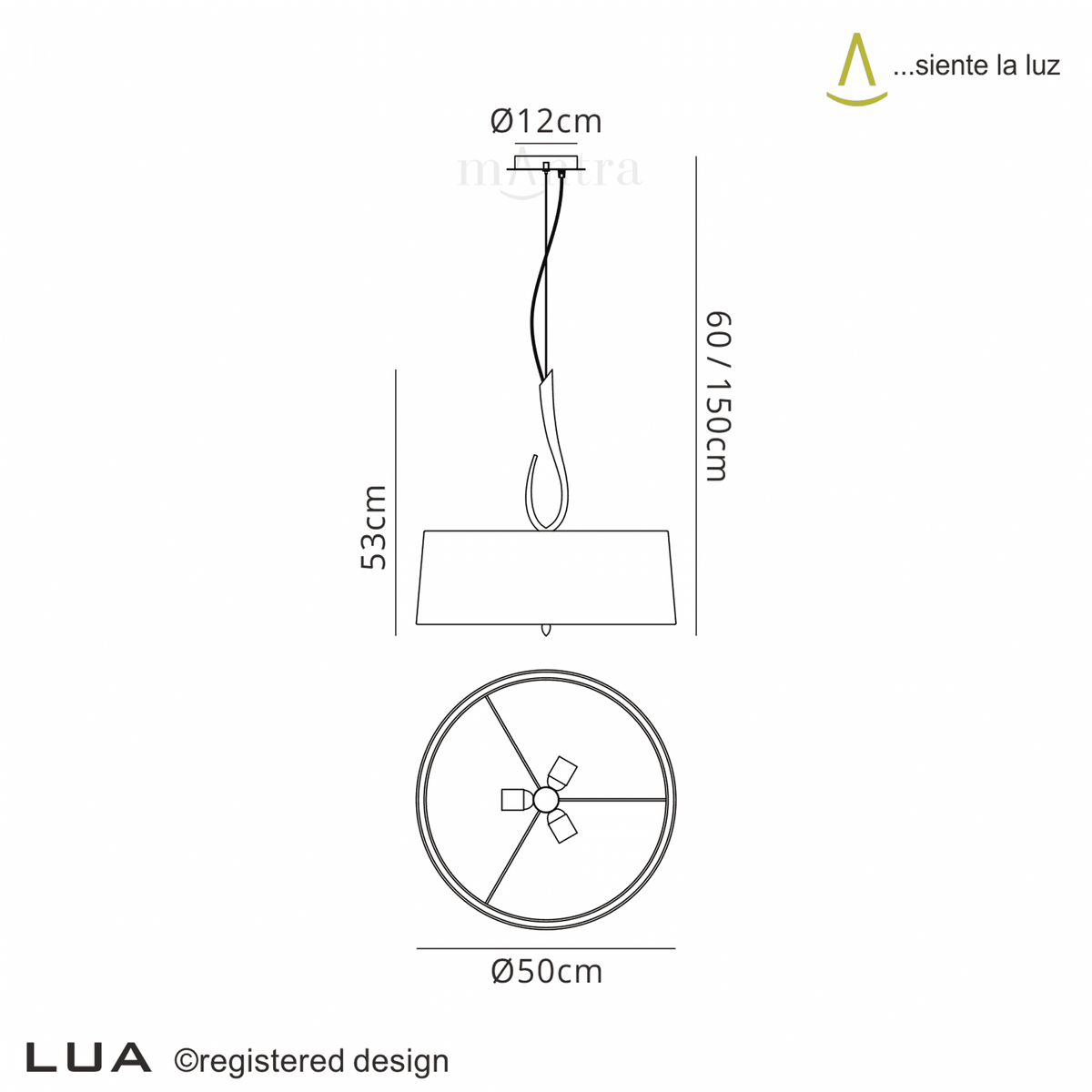 Technical drawing of a pendant light with dimensions for various parts.