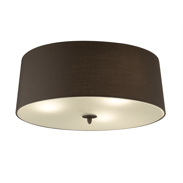 A brown ceiling light with a wide drum shade, against a plain white background.