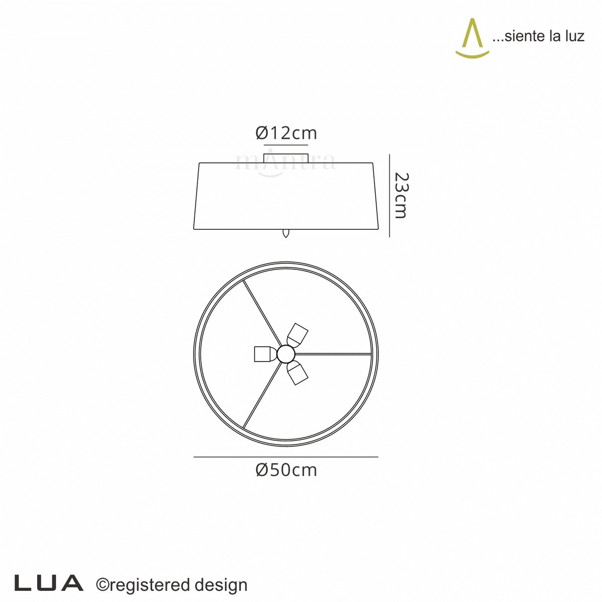 Technical drawing of the ceiling light with dimensions showing the diameter and height.