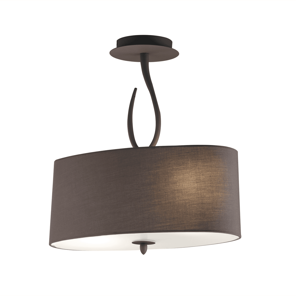 Brown oval ceiling light with a curved metal stem on a white background.