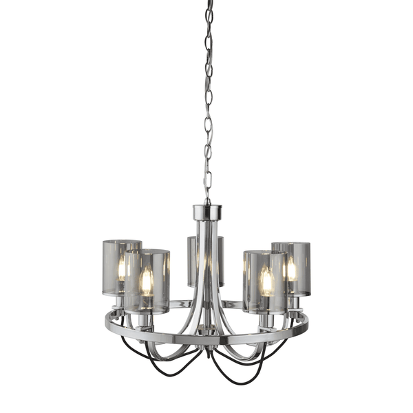 A shiny silver chandelier with five dark glass shades hanging from a chain.