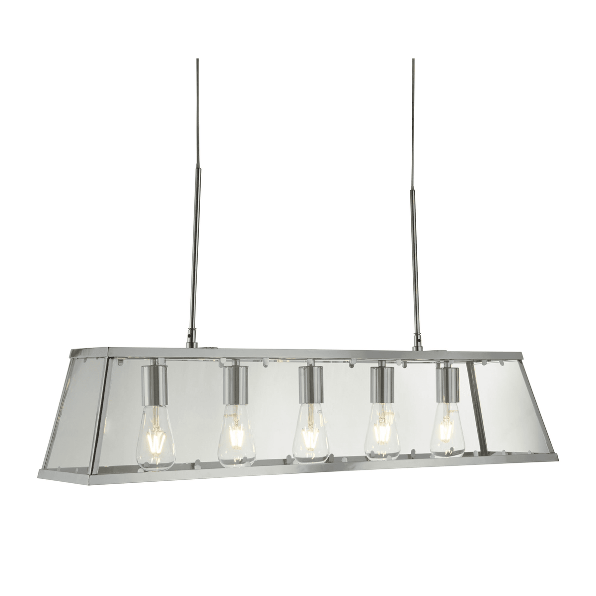 A modern chrome rectangular pendant light with five exposed bulbs, perfect for dining rooms.