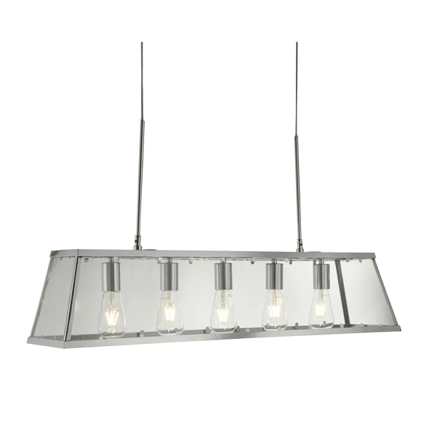A modern chrome rectangular pendant light with five exposed bulbs, perfect for dining rooms.