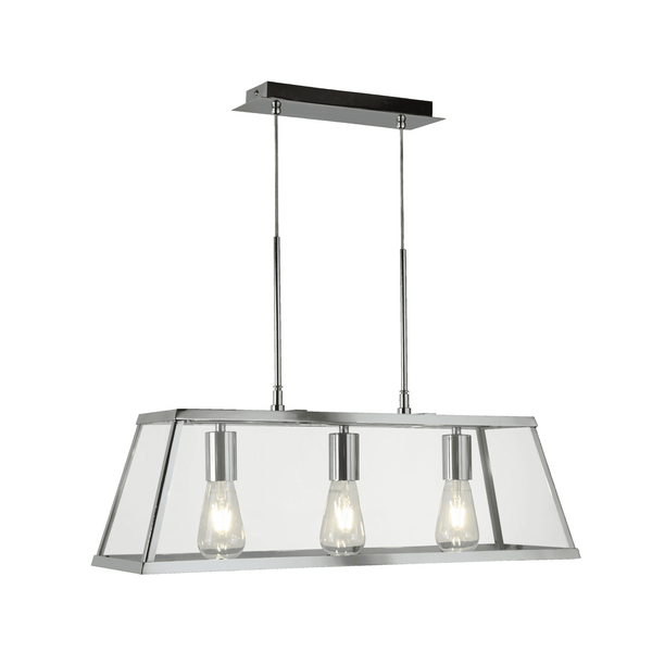 A sleek, modern chrome pendant light fixture with three exposed bulbs, perfect for kitchen islands.