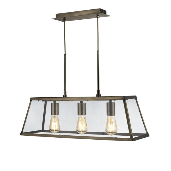 Voyager Triple Light Lantern Bar Pendant in Brass with Glass Panel