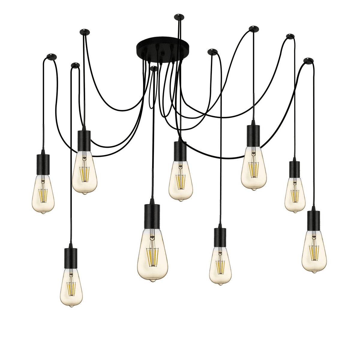 Black 8-light spider pendant lamp with Edison bulbs on white background.