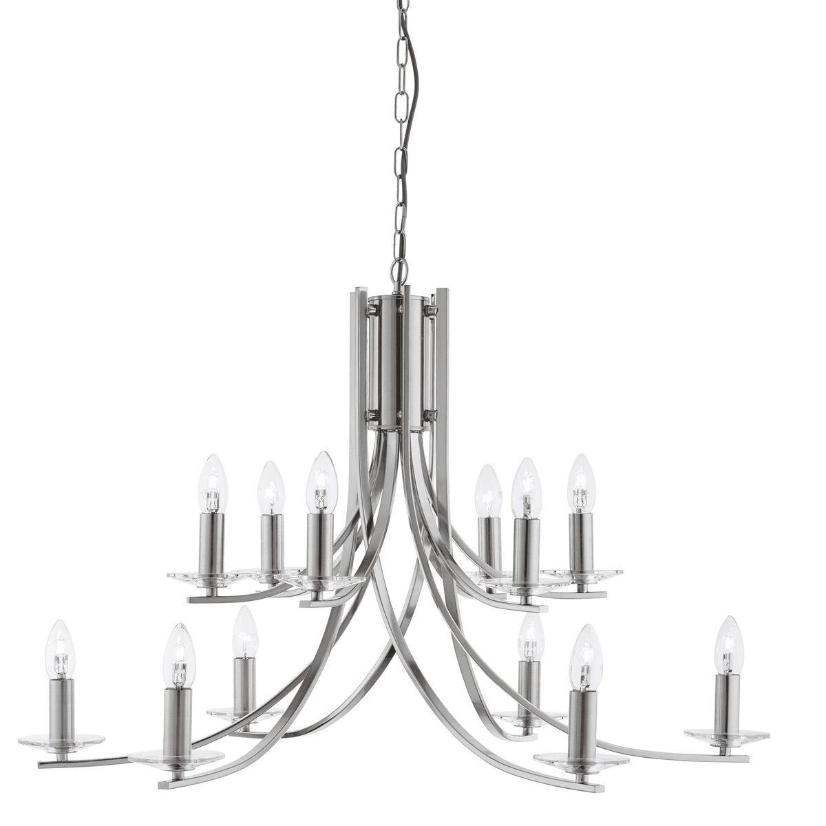 A sleek, contemporary 12-light chandelier in a brushed nickel finish.