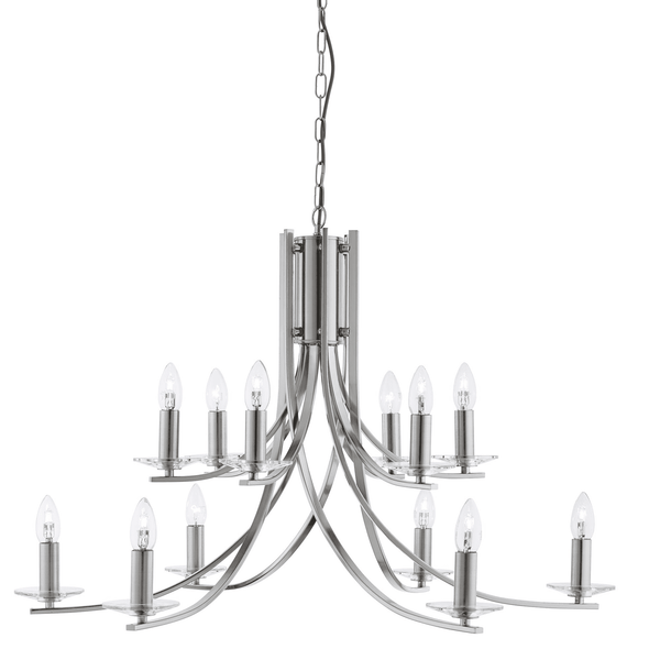 A sleek, contemporary 12-light chandelier in a brushed nickel finish.