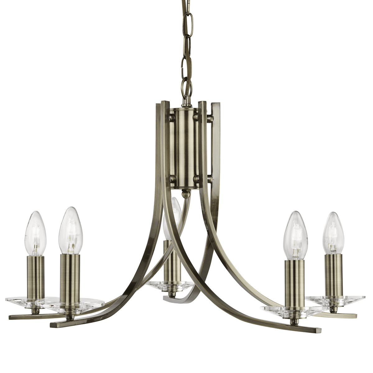 A close-up of a five-light antique brass chandelier with clear crystal dishes.
