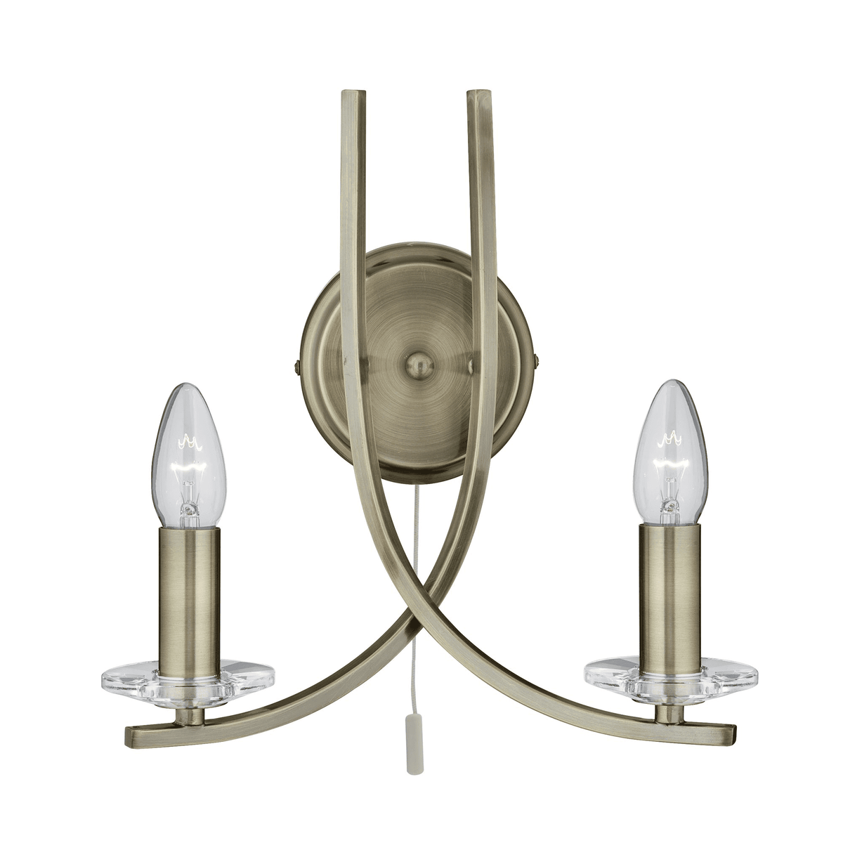 Ascona Twin Wall Bracket In Antique Brass With Clear Glass Sconces