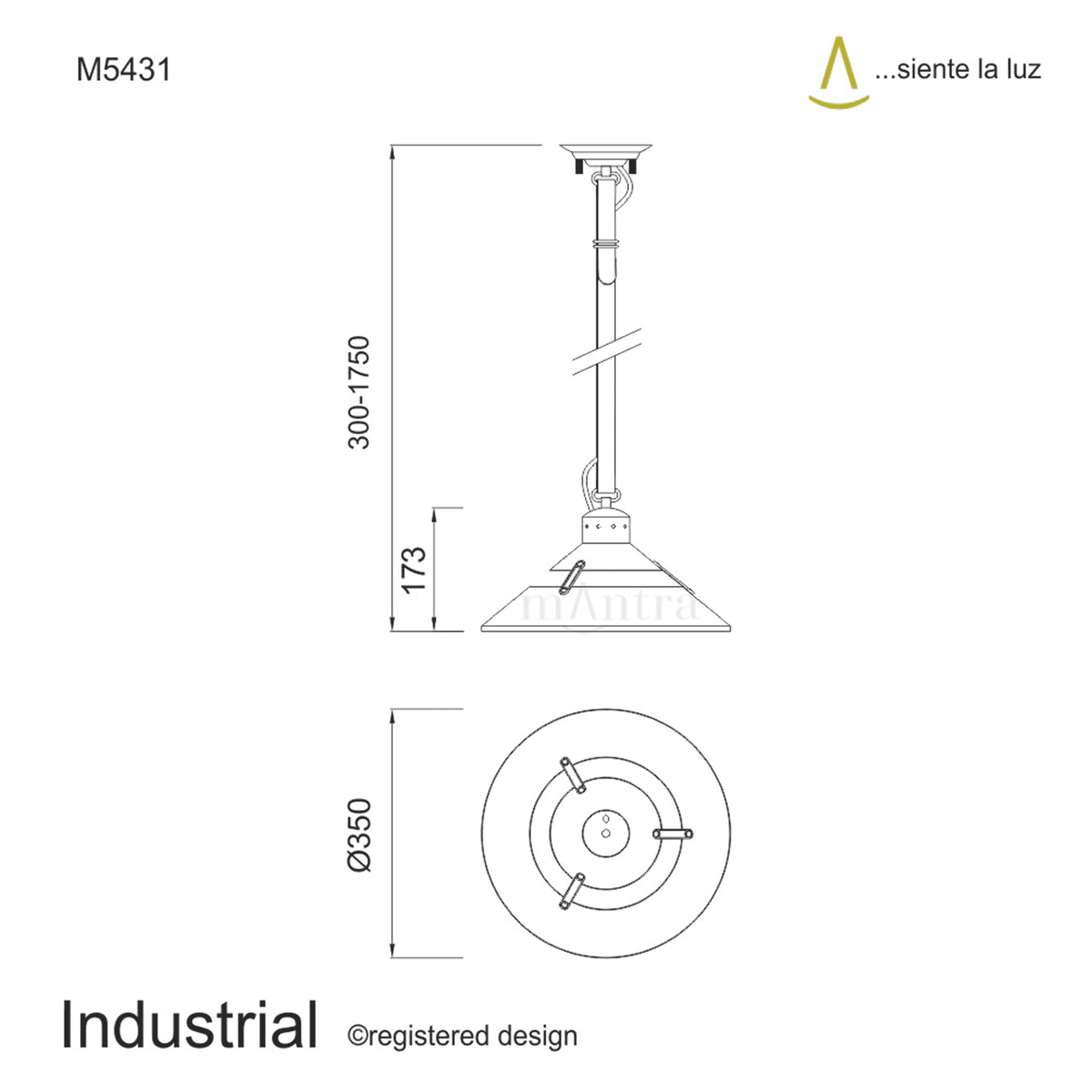 Technical drawing of the M5431 industrial pendant light with dimensions.