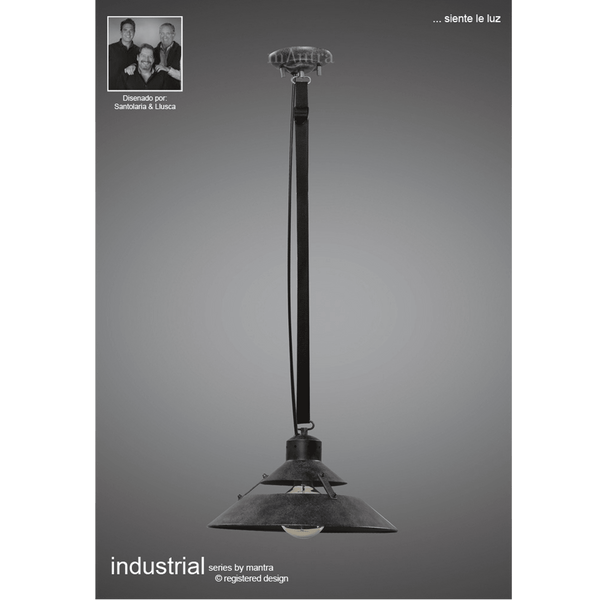 An industrial-style pendant light with a dark finish and a broad, angled shade.