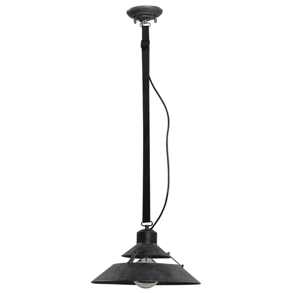 A black industrial-style pendant light with a wide, conical shade.