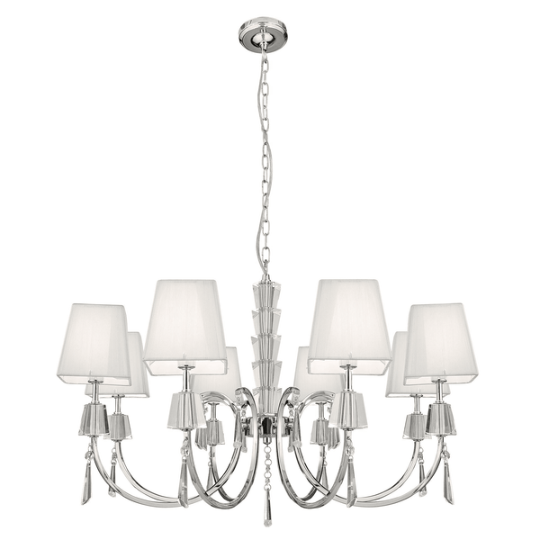 A six-arm chrome chandelier with white fabric shades.