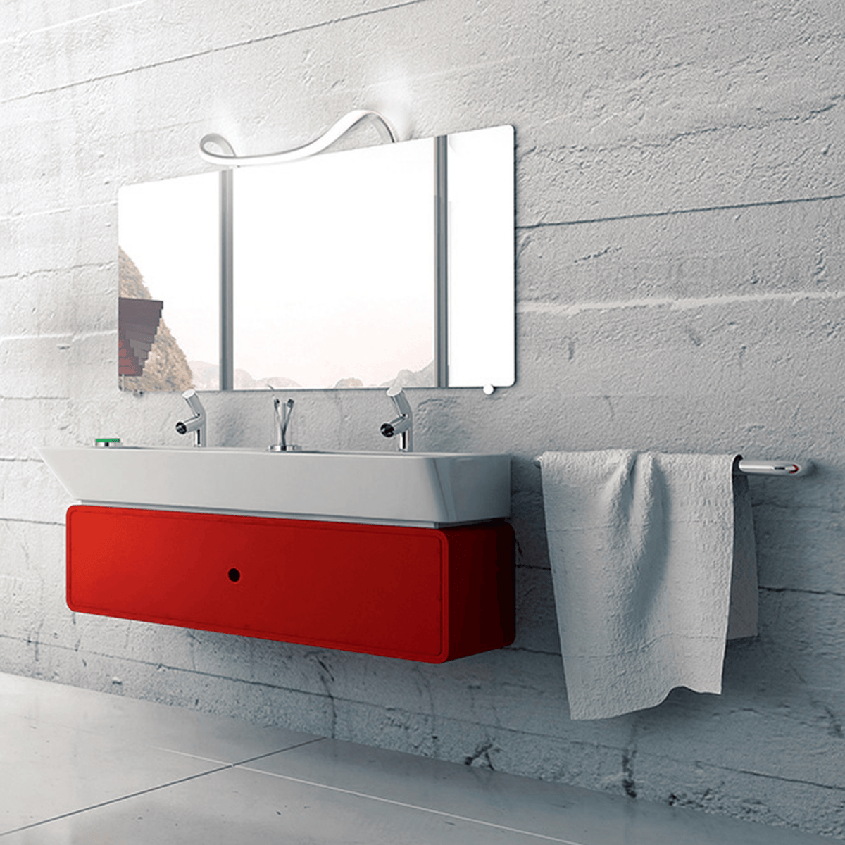 A white mirror with an elegant white light fitting above, a white sink and a red cabinet.