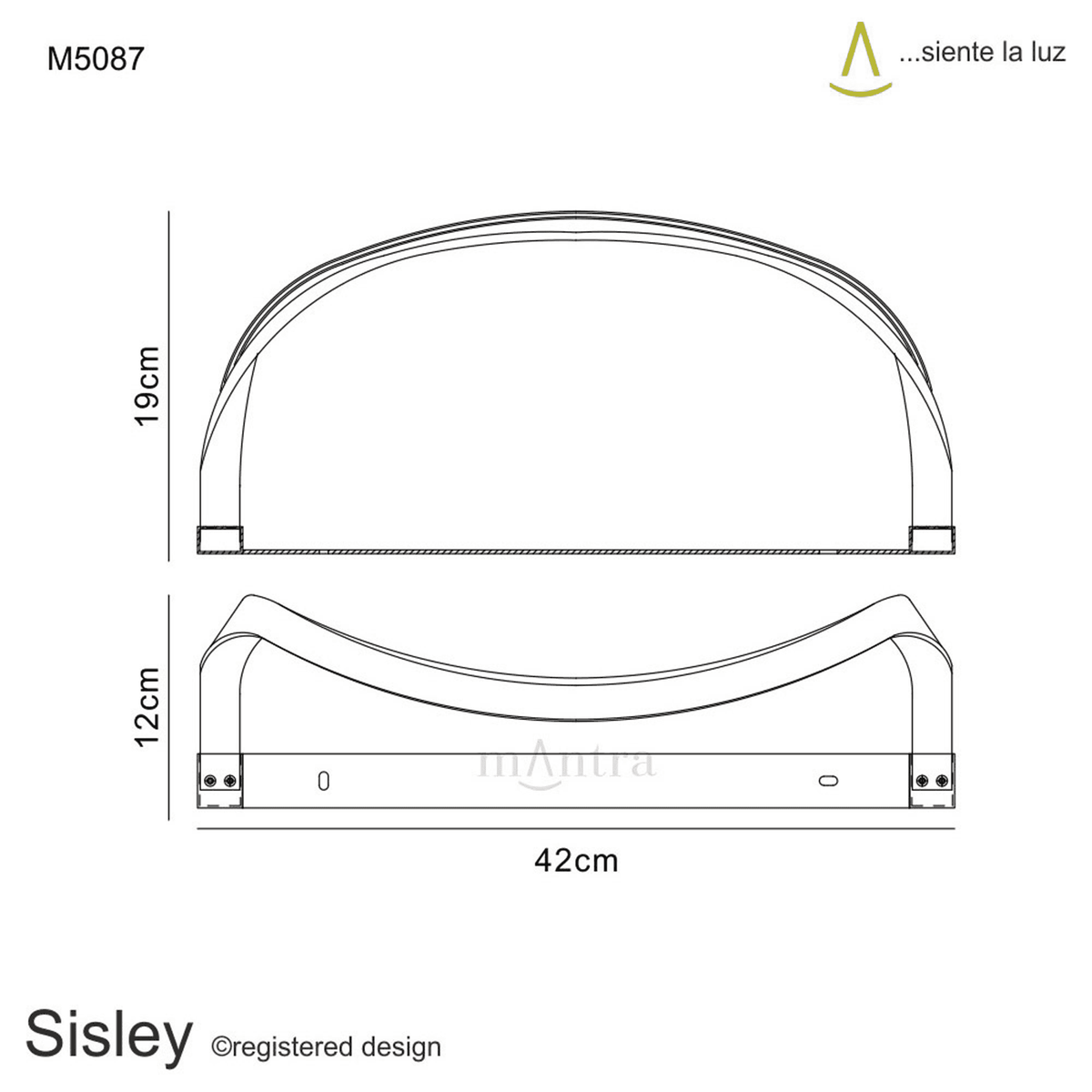A diagram with the dimensions of the Sisley LED light fitting, 19cm by 42cm by 12cm.