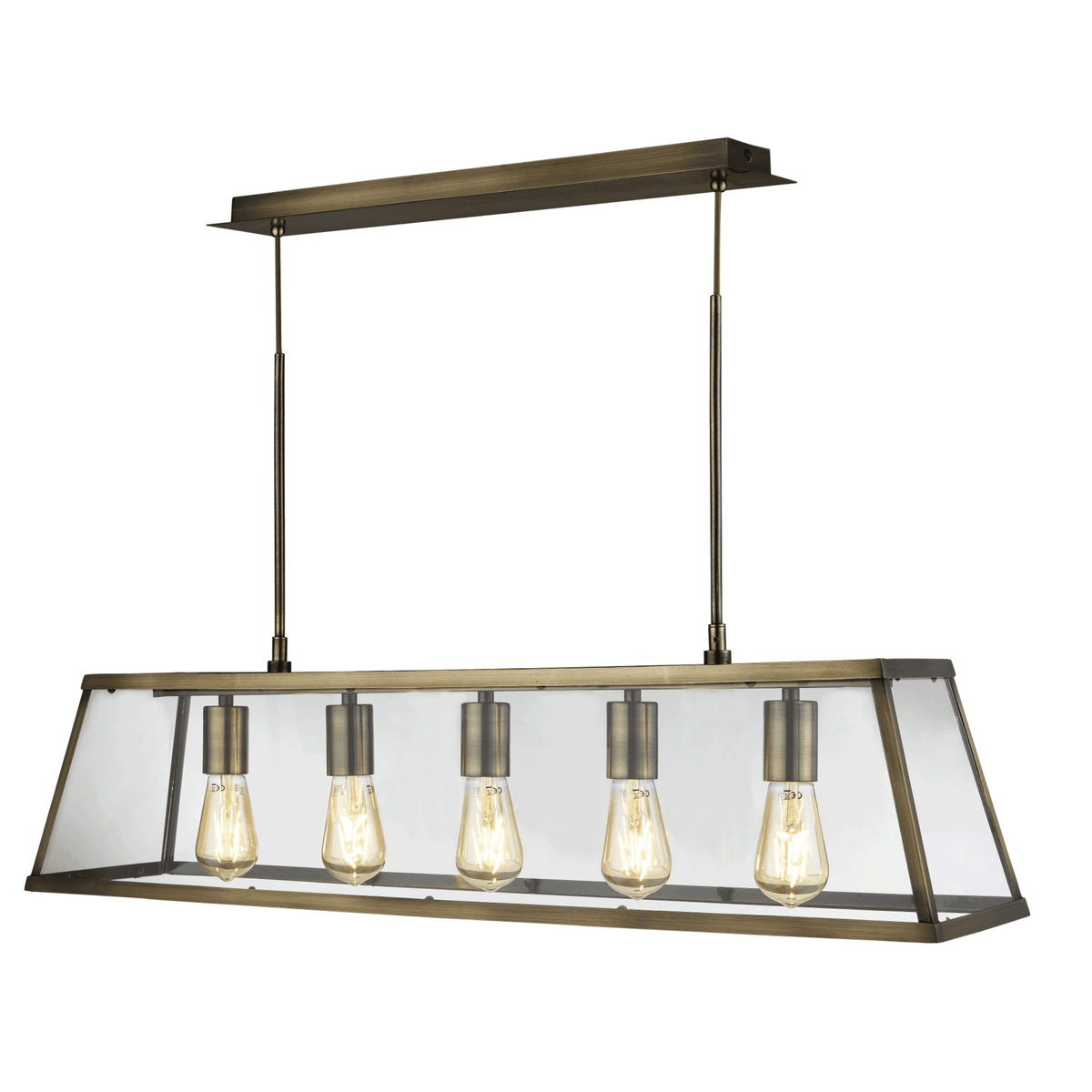 A close-up of a brass-effect linear kitchen island pendant light with five bulbs.