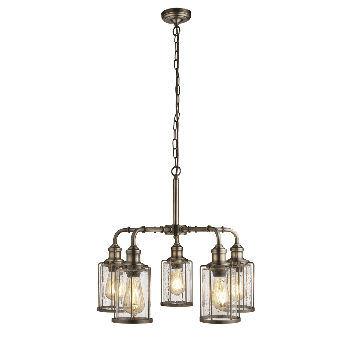 An industrial-style five-light chandelier with clear seeded glass shades and an antique brass finish.
