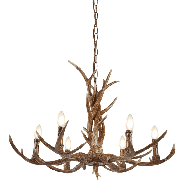Antler chandelier with six candle-style bulbs hanging from a chain.