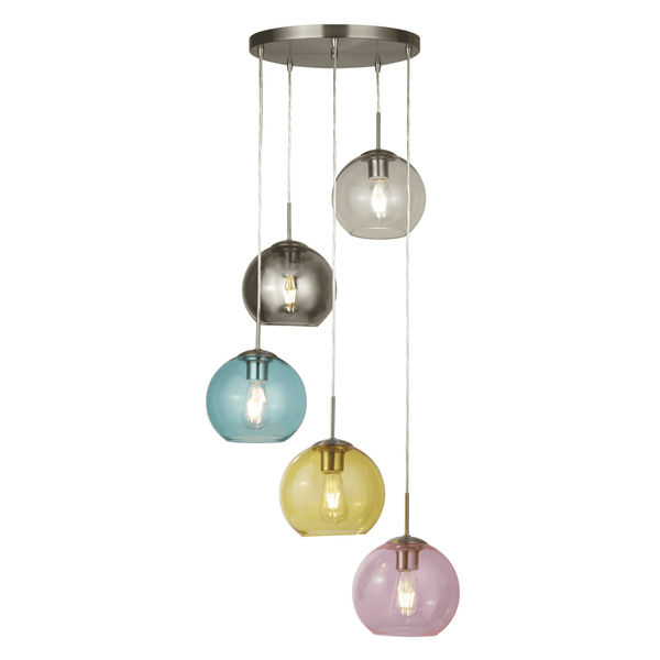 Mardi Gras Five Light Pendant In Satin Silver And Multi Coloured Glass