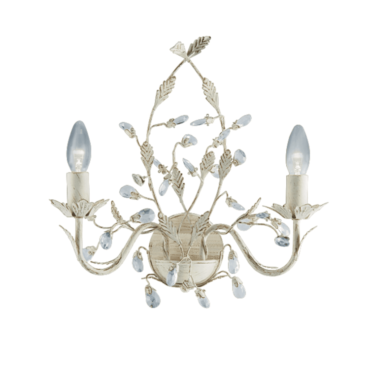 A decorative wall light featuring a cream finish and adorned with delicate leaf and crystal details.