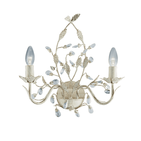A decorative wall light featuring a cream finish and adorned with delicate leaf and crystal details.