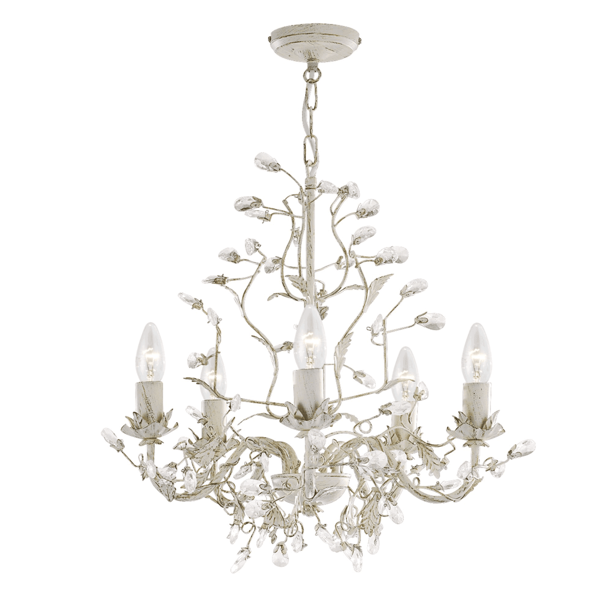 A white chandelier with five candle-shaped lights and ornate, leafy crystal details.