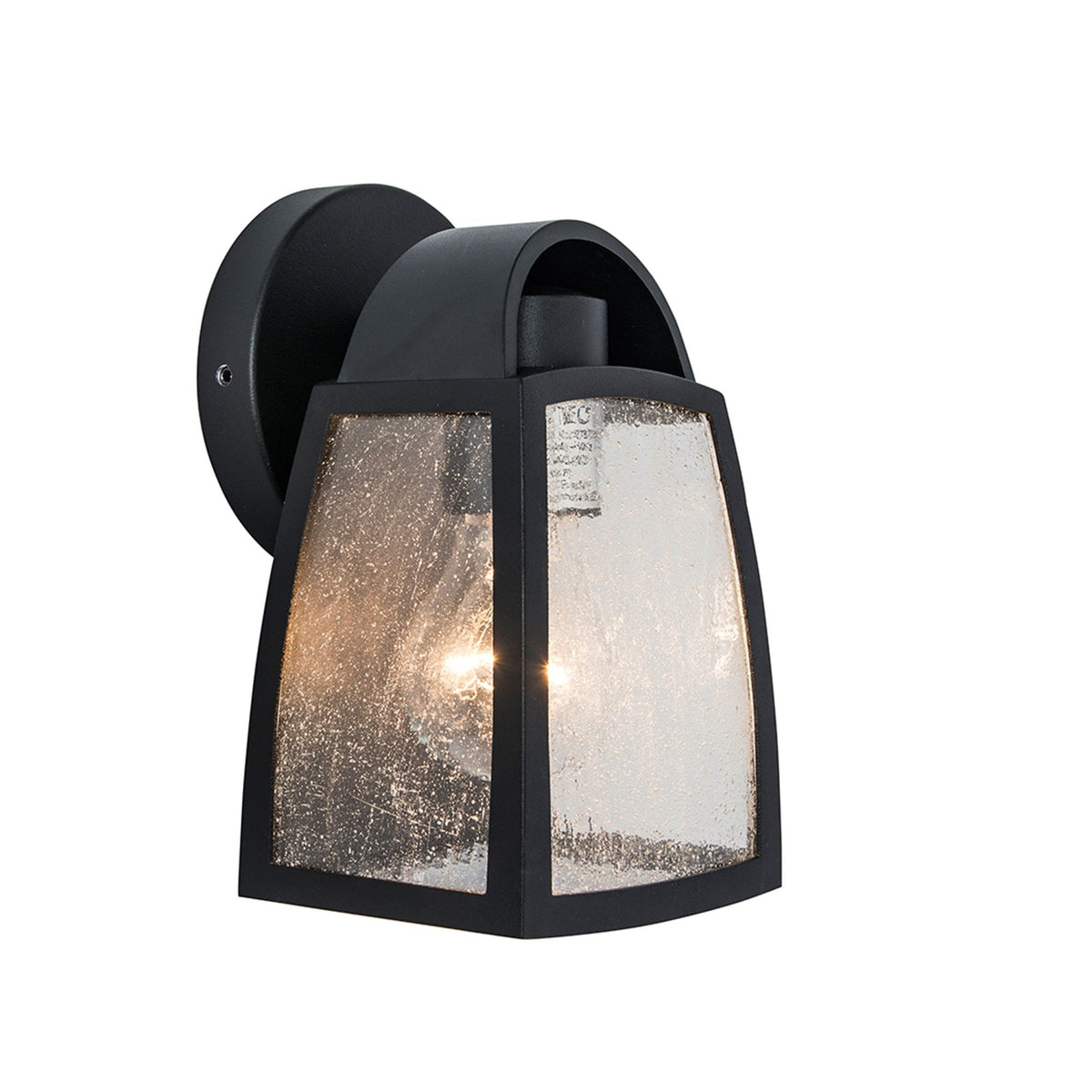 Black outdoor wall light with textured glass panels, illuminated with a warm glow.