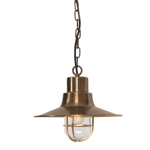 Sheldon Solid Brass Outdoor Pendant Light in Aged Brass