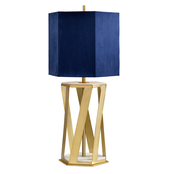 Apollo Table Lamp in Brushed Brass with Navy Blue Faux Suede Hexagonal Shade