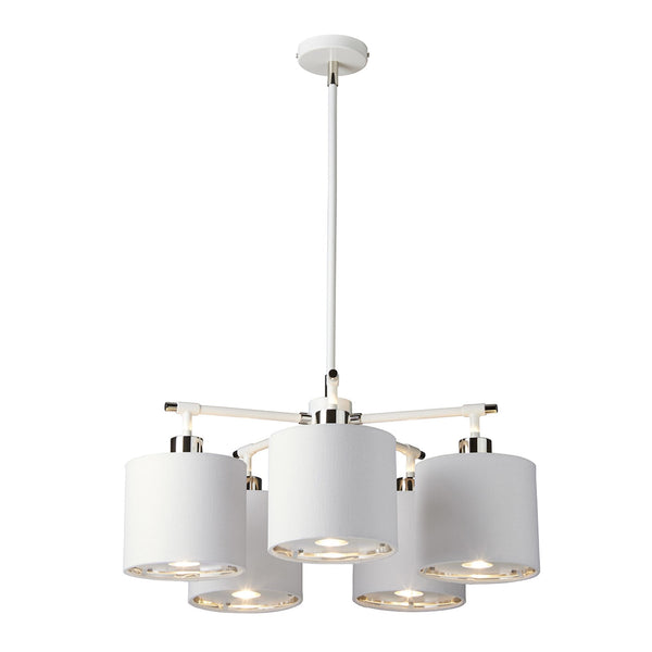 Balance 5 Light Chandelier in White and Nickel with White Shades