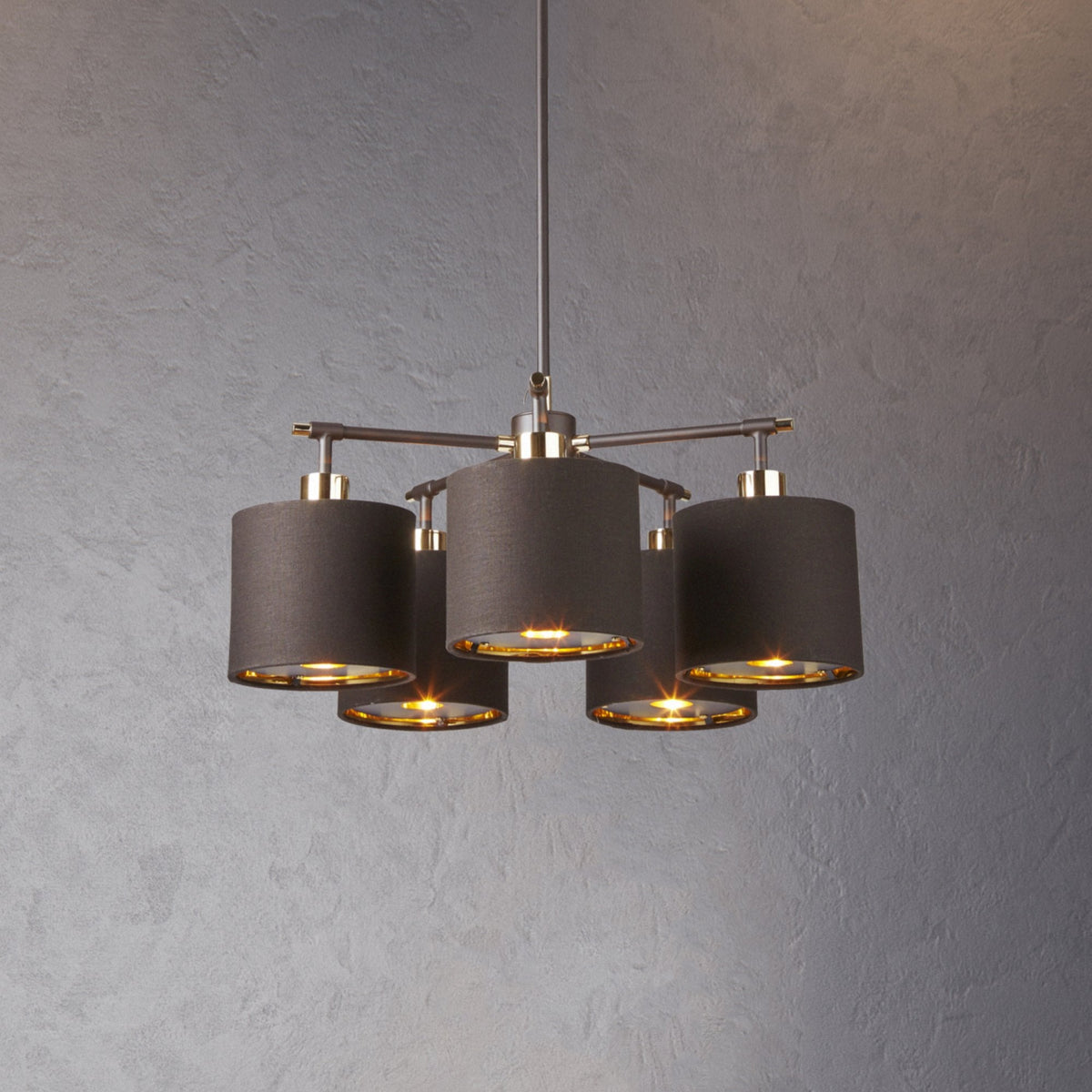 Balance 5 Light Pendant in Brown and Polished Brass with Brown Shades