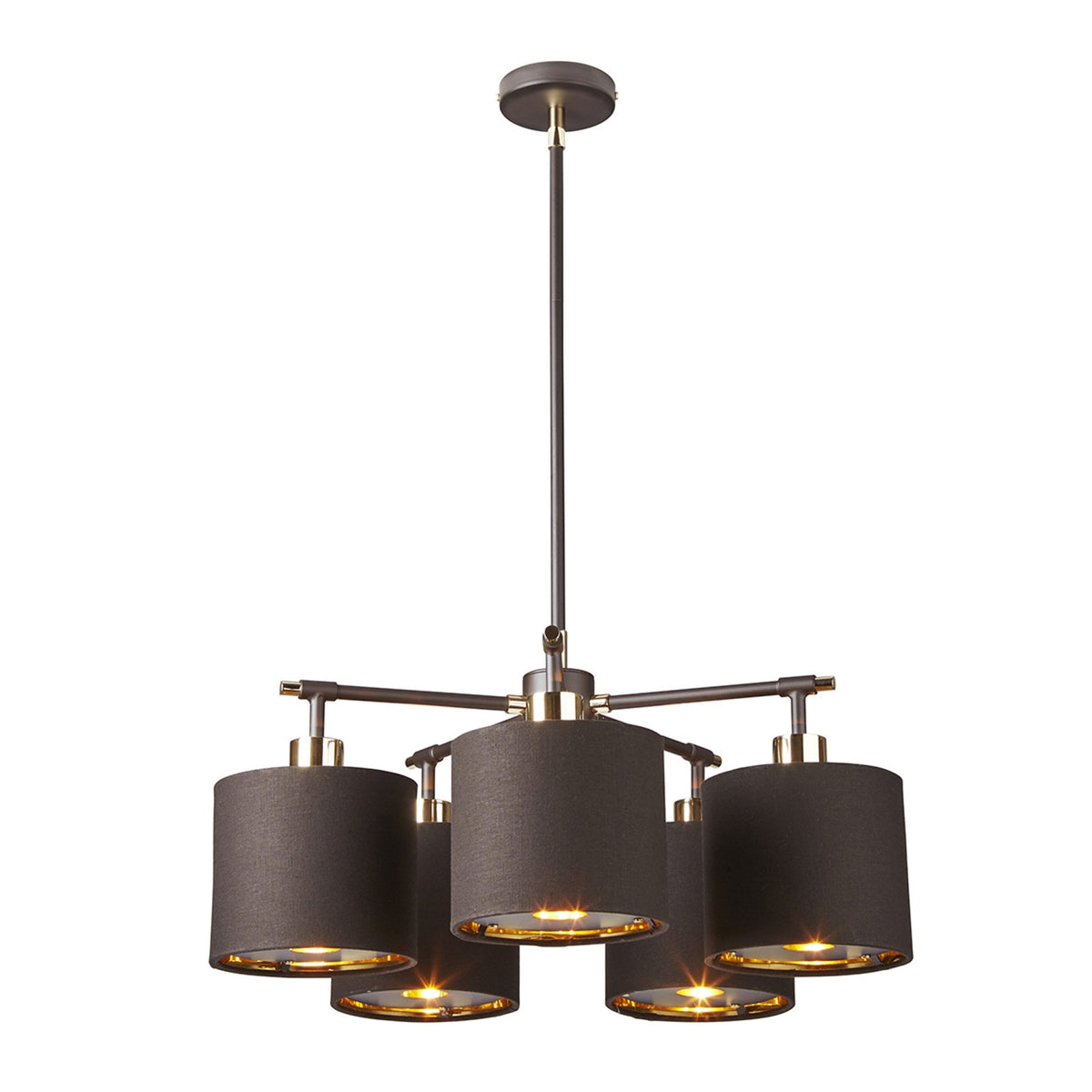Balance 5 Light Pendant in Brown and Polished Brass with Brown Shades